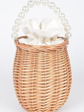 BNWT Bamboo Weaved Summer Bucket Clutch Bag Pearl Handle Bucket Bag